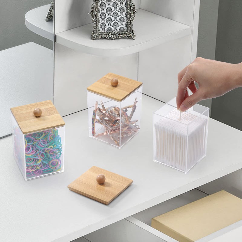 Tbestmax 3 Pack Square Qtip Holder - 12 oz Bathroom Organizers and Storage Containers, Plastic Apothecary Jars with Bamboo Lids for Cotton Ball, Cotton Swab, Floss - Image 5