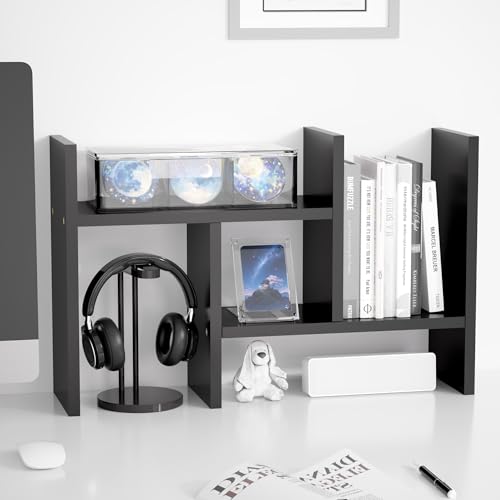 Jerry & Maggie Desktop Organizer Office Storage Rack Adjustable Wood Display Shelf Free Style Double H, Multi-Functional Mini Bookshelf for Desk Natural Stand (Black) - Image 1