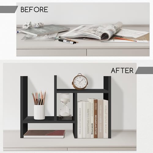 Jerry & Maggie Desktop Organizer Office Storage Rack Adjustable Wood Display Shelf Free Style Double H, Multi-Functional Mini Bookshelf for Desk Natural Stand (Black) - Image 2