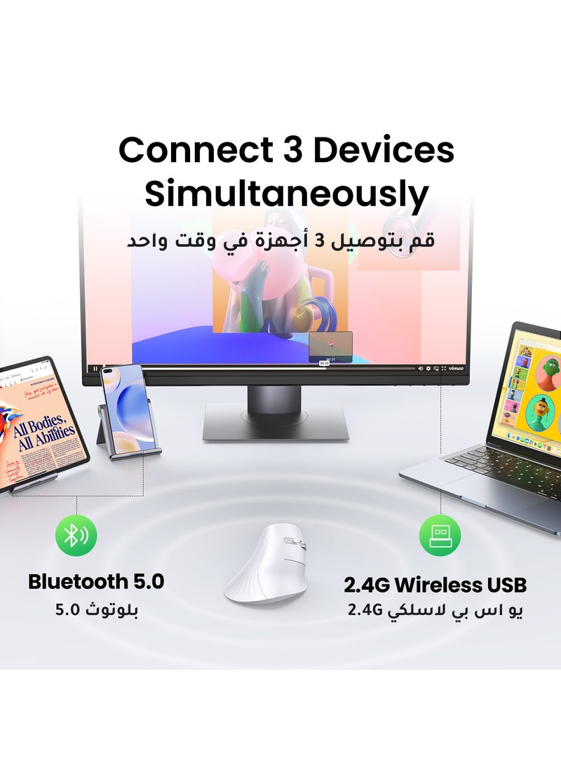 يو جرين ماوس مريح، ماوس لاسلكي عمودي، ماوس بصري 2.4 جيجا هرتز، بلوتوث، 4 مستويات قابلة للتعديل DPI 1000/1600/2000/4000، أزرار خمسة فأرة للكمبيوتر المحمول، الكمبيوتر الشخصي، Chromebook، سطح المكتب، الكمبيوتر المحمول وما إلى ذلك - Image 3