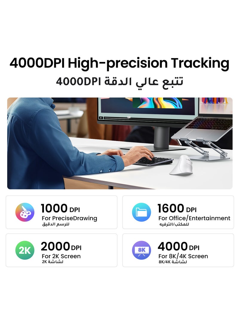 يو جرين ماوس مريح، ماوس لاسلكي عمودي، ماوس بصري 2.4 جيجا هرتز، بلوتوث، 4 مستويات قابلة للتعديل DPI 1000/1600/2000/4000، أزرار خمسة فأرة للكمبيوتر المحمول، الكمبيوتر الشخصي، Chromebook، سطح المكتب، الكمبيوتر المحمول وما إلى ذلك - Image 4