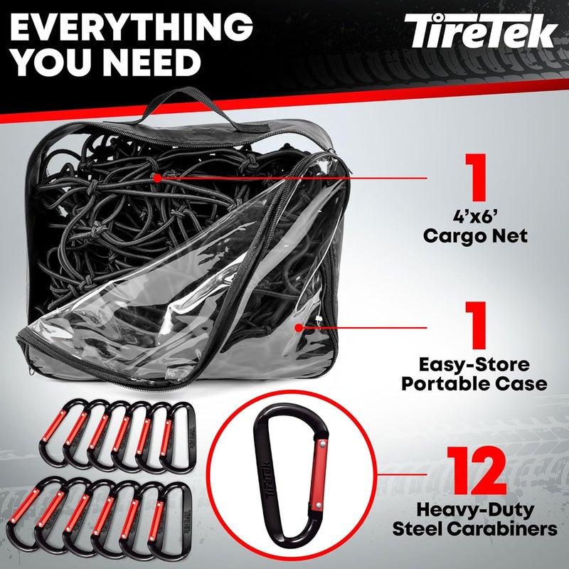 TireTek Cargo Net for Pickup Truck Bed- 4' x 6' Stretches to 8' x 12'- Heavy Duty Small 4”x4” Latex Bungee Net Mesh with 12 Metal Carabiners - Compatible with Ford, Dodge RAM, Chevy, Toyota - Image 5