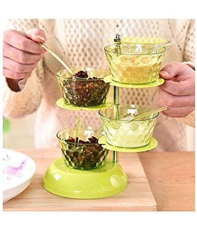 4 IN 1 MULTIPURPOSE 360 DEGREE ROTATING PICKLE SPICE RACK CONTAINER FOR KITCHEN 4 PICKLE JAR PICKLE TOWER PICKLE SET FOR DINNING TABLE PICKLE STAND WITH 4 SPOON GREEN