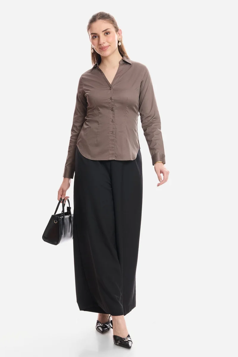 Virgio Solid Cotton Cinched Waist Full Sleeve Shirt for Women