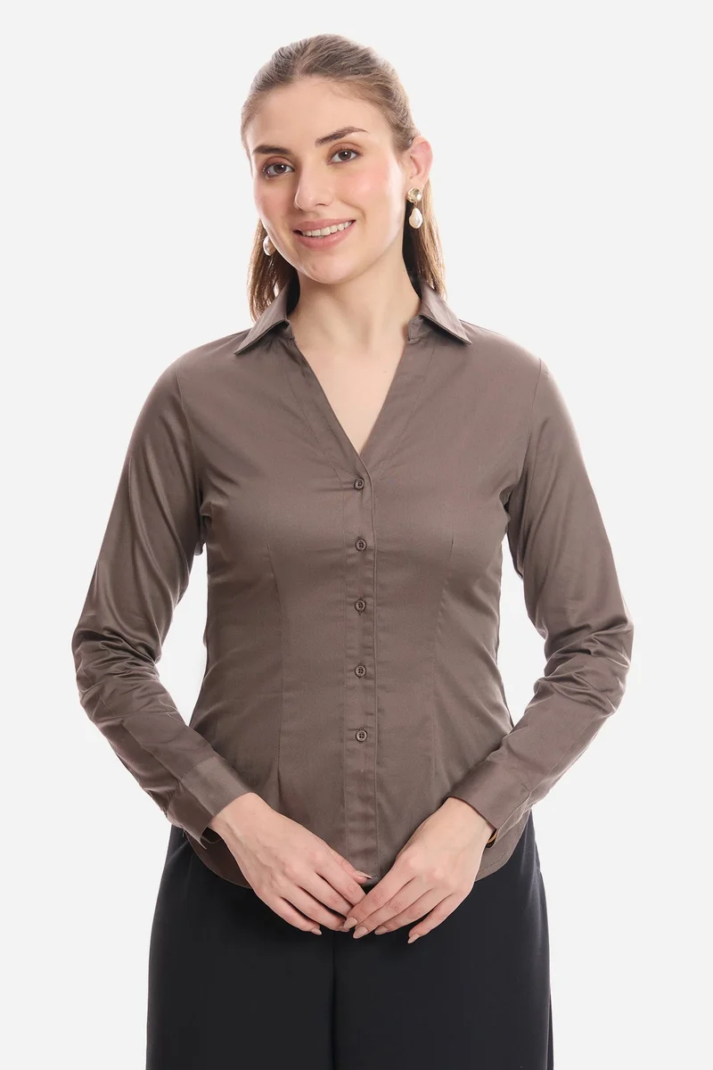 Virgio Solid Cotton Cinched Waist Full Sleeve Shirt for Women