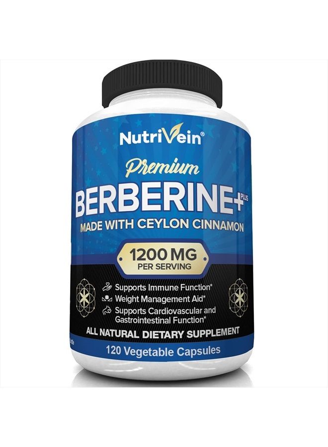 Nutrivein برابرين HCL 1200 ملغ بلس قرفة سيلون العضوية - 120 كبسولة - يدعم عملية التمثيل الغذائي للجلوكوز، نظام المناعة، إدارة الوزن - مكمل برابرين HCI - Image 1