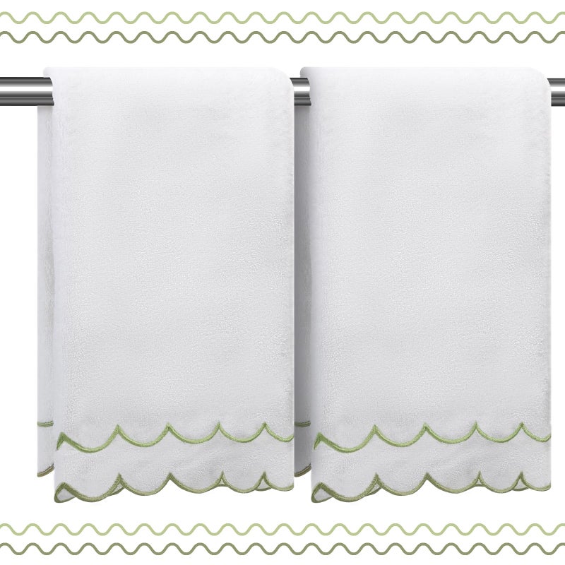 RRBXIA 100% Cotton Hand Towels for Bathroom 2 Pcs Scalloped Hand Towels 16 * 27 Inch Embroidered Decorative 500 GSM Soft Absorbent Bath Towel for Spa Yoga Hotel Sport (Sage Green) - Image 1