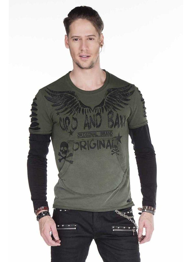 Cipo & Baxx Men's Dark Green Motorcyclist Ripped Sweatshirt. - Image 1
