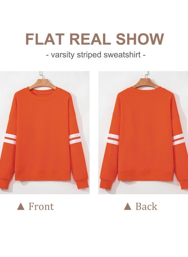 SELINK Womens Varsity Striped Oversized Sweatshirt Crewneck Long Sleeve Casual Fashion Pullover Top Fall Outfits, Orange, S - Image 4