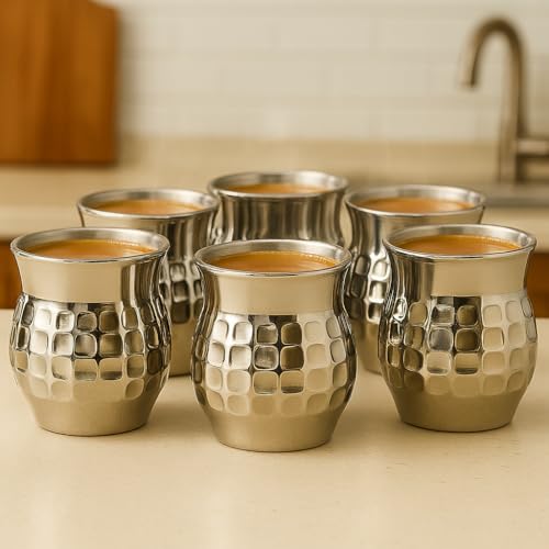 STEEPLE Stainless Steel Double Wall Tea Cups Set of 6 | 170 ml Insulated Coffee Glasses | Premium Hammered Steel Kulhad for Chai, Milk, Water & Juice | Multipurpose Drinking Cups - Image 1