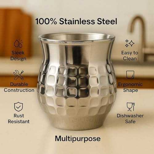 STEEPLE Stainless Steel Double Wall Tea Cups Set of 6 | 170 ml Insulated Coffee Glasses | Premium Hammered Steel Kulhad for Chai, Milk, Water & Juice | Multipurpose Drinking Cups - Image 4
