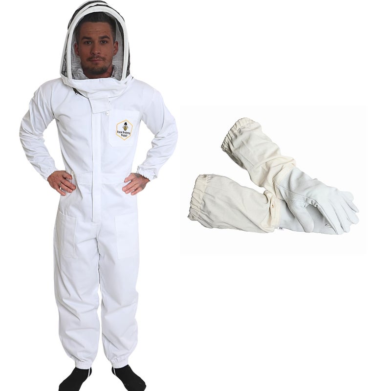 FOREST BEEKEEPING SUPPLY Professional Bee Suit with Gloves â€“ Premium Cotton Beekeeper Suit, Includes Detachable Fencing Veil & Goatskin Bee Gloves, Complete Protective Gear Kit - 2XL