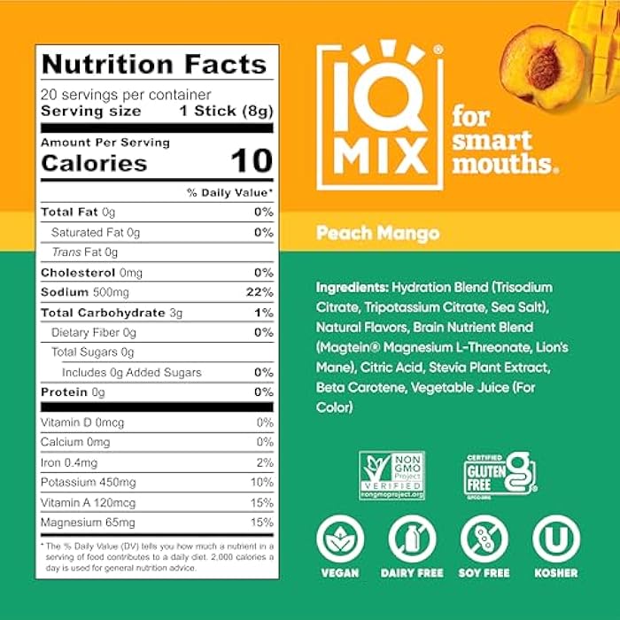 IQBAR IQMIX Hydration Electrolyte Powder – 4-in-1 Formula for Hydration, Mental Clarity, Mood and Recovery – Sugar-Free Drink Mix, Keto, Magnesium L-Threonate, Lion’s Mane – 20 Count Peach Mango - Image 3