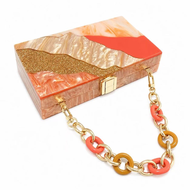 Women's Acrylic Patchwork Evening Clutch Bag with Chain - Image 1
