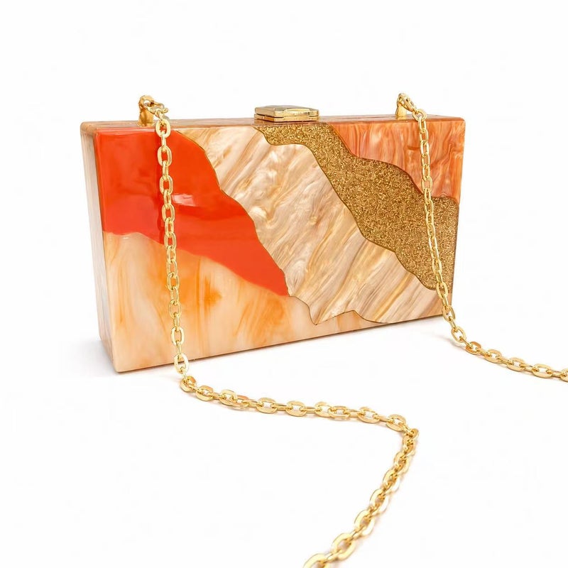 Women's Acrylic Patchwork Evening Clutch Bag with Chain - Image 2