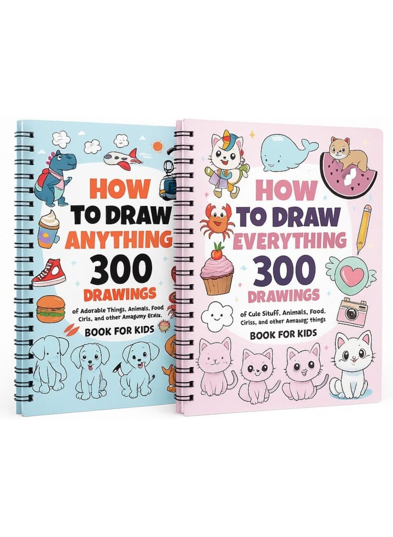 كيف ترسم كل شيء -300 رسم سهل ومرح للأطفال، مبتدئين رسومات خطوة بخطوة لحيوانات ظريفة، طعام، هدايا (كتابان) - Image 1