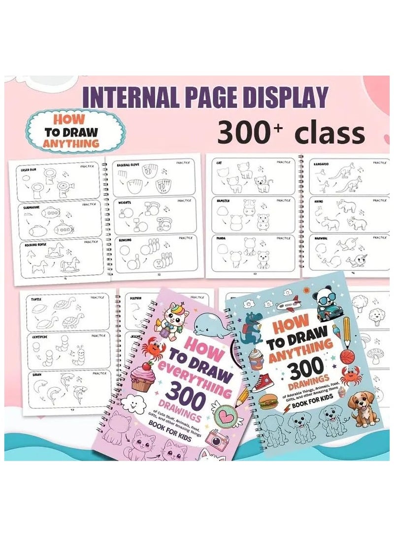 كيف ترسم كل شيء -300 رسم سهل ومرح للأطفال، مبتدئين رسومات خطوة بخطوة لحيوانات ظريفة، طعام، هدايا (كتابان) - Image 2