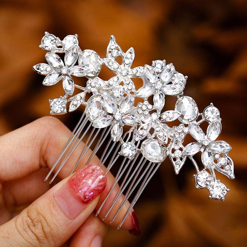 Foyte Crystal Bride Wedding Hair Comb Silver Flower Bridal Headpieces Leaf Hair Pieces Rhinestone Bridesmaid Side Combs Hair Accessories for Women (crystal silver) - Image 1