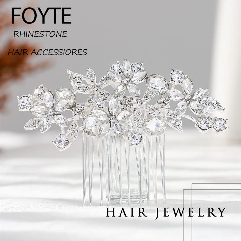 Foyte Crystal Bride Wedding Hair Comb Silver Flower Bridal Headpieces Leaf Hair Pieces Rhinestone Bridesmaid Side Combs Hair Accessories for Women (crystal silver) - Image 3