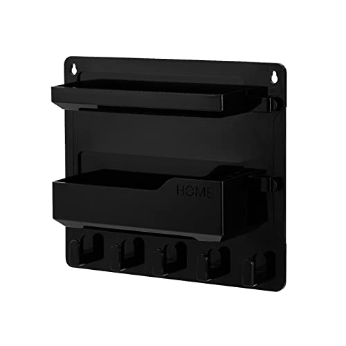 JUMEIHUI Wall Mount Shelf Organizer, Adhesive Bedside Shelf Accessories with Hooks and Cable Clips, Dorm Room Wall Storage for Phone, Remote, Earphone, Kindle, Plastic(Black) - Image 2