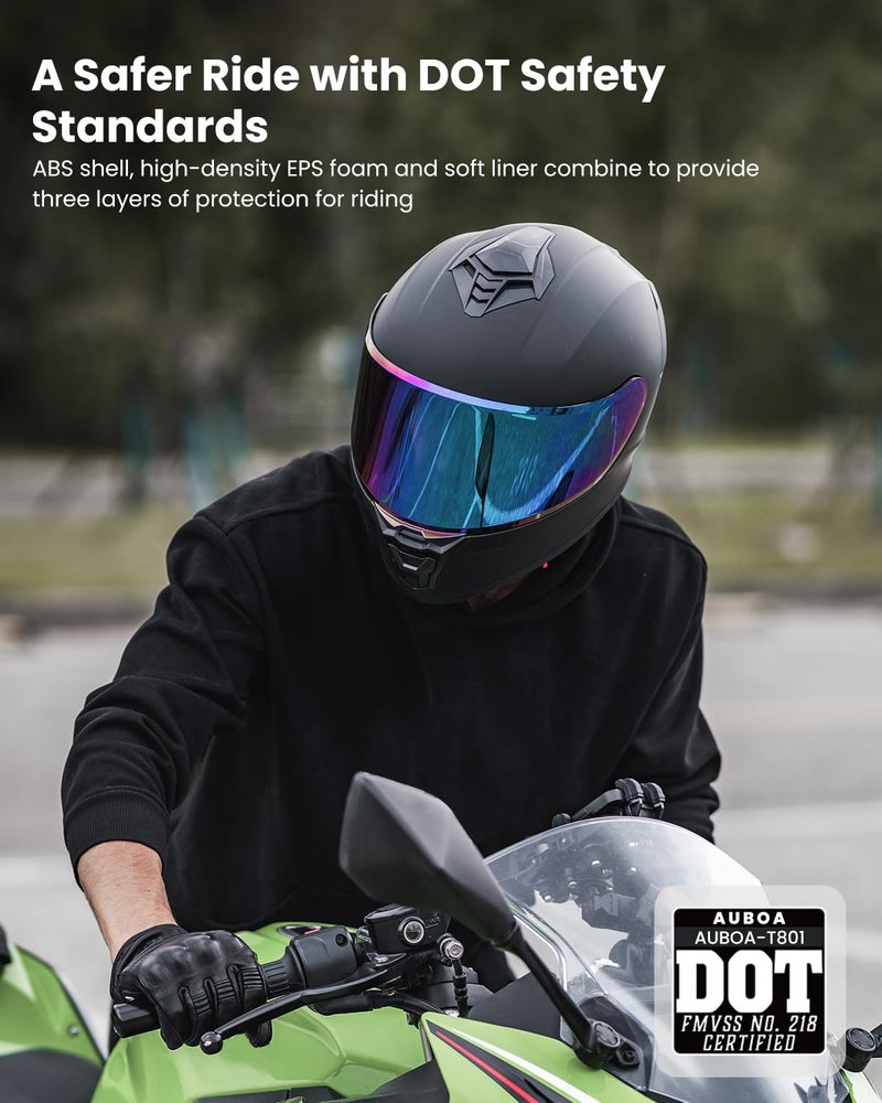 AUBOA Motorcycle Helmets for Adult Men Women, Full Face Lightweight Street Bike Racing DOT Helmet with Extra Clear Visor Model AU-T801 Matte Black, Large - Image 2
