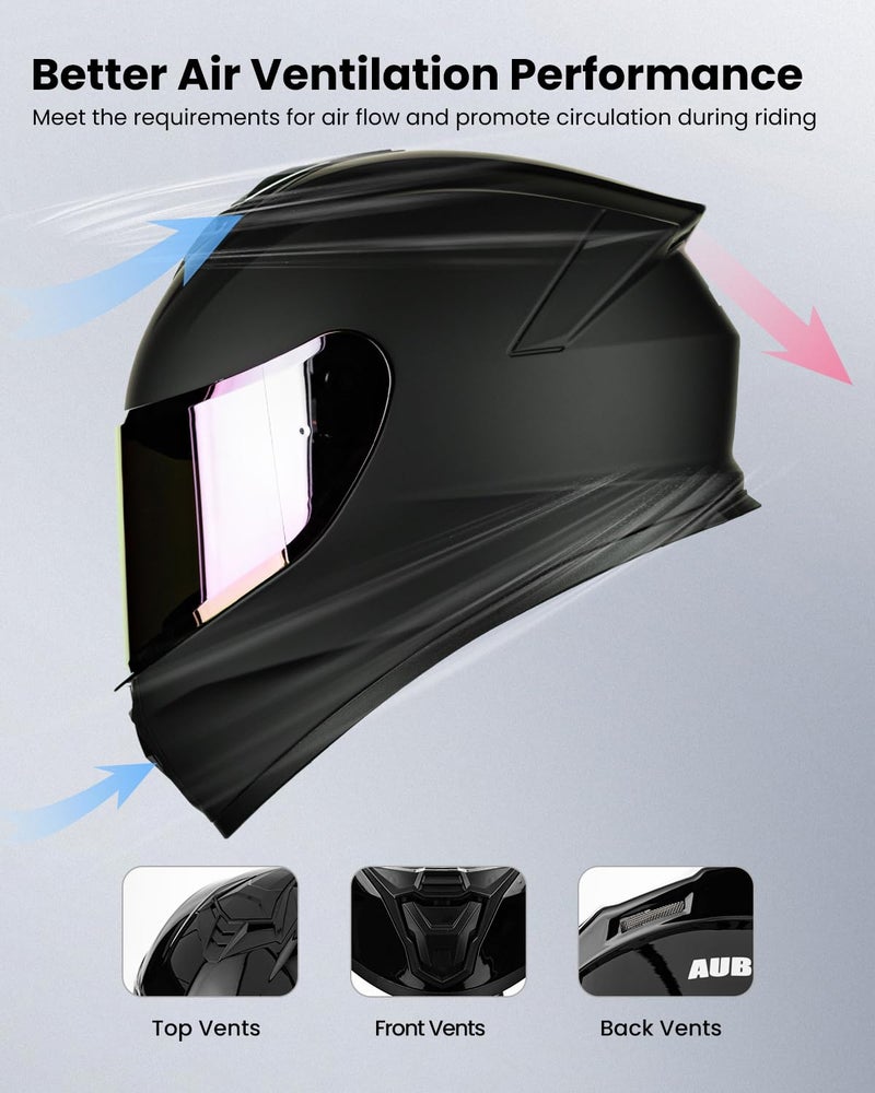 AUBOA Motorcycle Helmets for Adult Men Women, Full Face Lightweight Street Bike Racing DOT Helmet with Extra Clear Visor Model AU-T801 Matte Black, Large - Image 3
