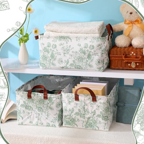 Boao Foldable Storage Baskets Dinosaur Easter Rabbit Classical Flowers Bow Laundry Basket with Handles Waterproof Storage Bins Fabric Shelf Baskets15 x 11 x 8 InchesSage Green Floral3 Pcs - Image 3