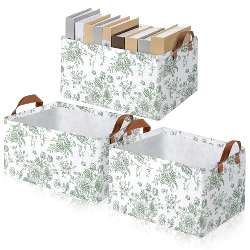 Boao Foldable Storage Baskets Dinosaur Easter Rabbit Classical Flowers Bow Laundry Basket with Handles Waterproof Storage Bins Fabric Shelf Baskets15 x 11 x 8 InchesSage Green Floral3 Pcs - Image 1