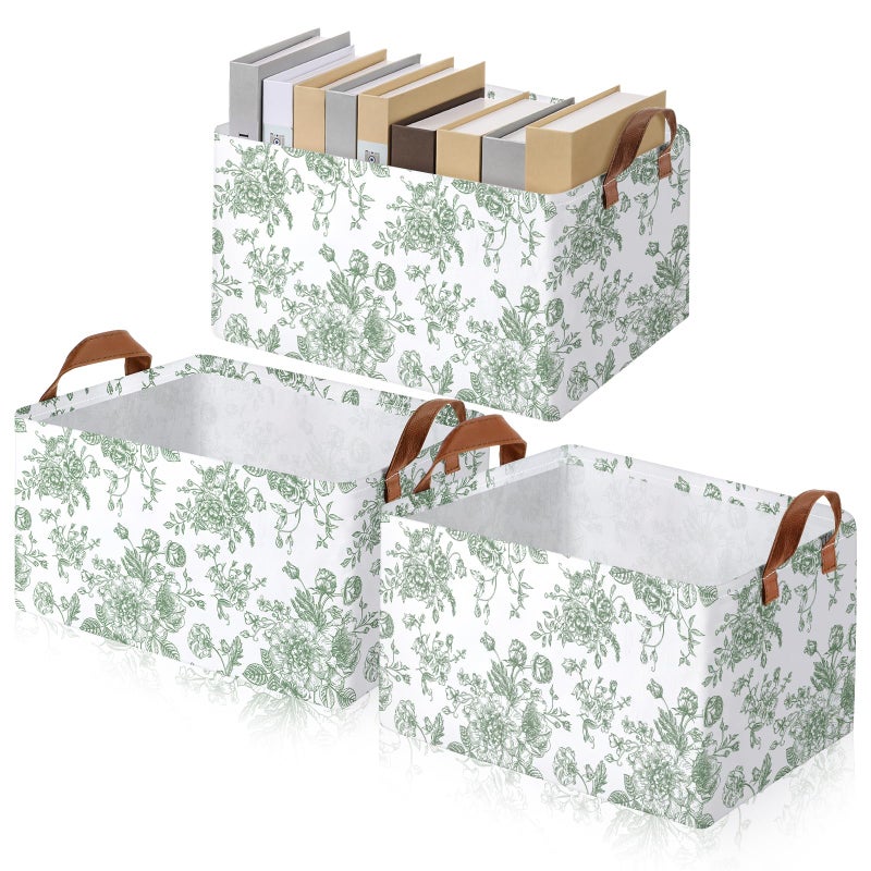 Boao Foldable Storage Baskets Dinosaur Easter Rabbit Classical Flowers Bow Laundry Basket with Handles Waterproof Storage Bins Fabric Shelf Baskets15 x 11 x 8 InchesSage Green Floral3 Pcs - Image 2