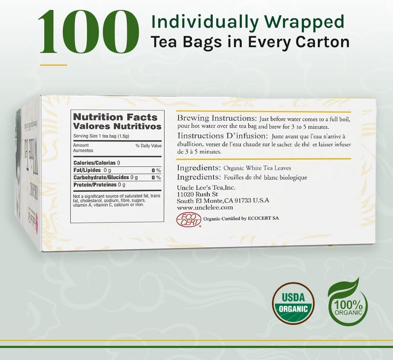 Uncle Lee's Tea Uncle Lee's Organic White Tea - 100 Individually Wrapped Bags - Image 2