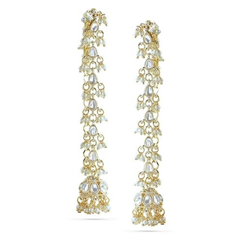 Rubans 18K Gold-Plated White Kundan & Glossy Pearl Beaded Long Jhumka Earring Extension for Women – Ideal for Bridal & Festive Styling - Image 1