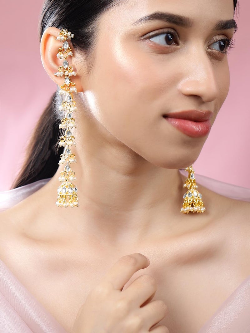 Rubans 18K Gold-Plated White Kundan & Glossy Pearl Beaded Long Jhumka Earring Extension for Women – Ideal for Bridal & Festive Styling - Image 2