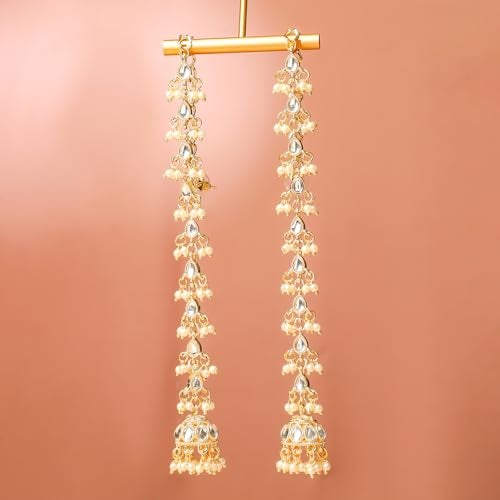 Rubans 18K Gold-Plated White Kundan & Glossy Pearl Beaded Long Jhumka Earring Extension for Women – Ideal for Bridal & Festive Styling - Image 3