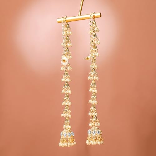 Rubans 18K Gold-Plated White Kundan & Glossy Pearl Beaded Long Jhumka Earring Extension for Women – Ideal for Bridal & Festive Styling - Image 5