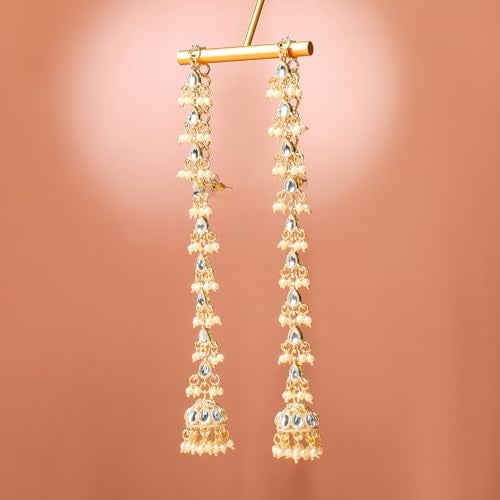 Rubans 18K Gold-Plated White Kundan & Glossy Pearl Beaded Long Jhumka Earring Extension for Women – Ideal for Bridal & Festive Styling - Image 4