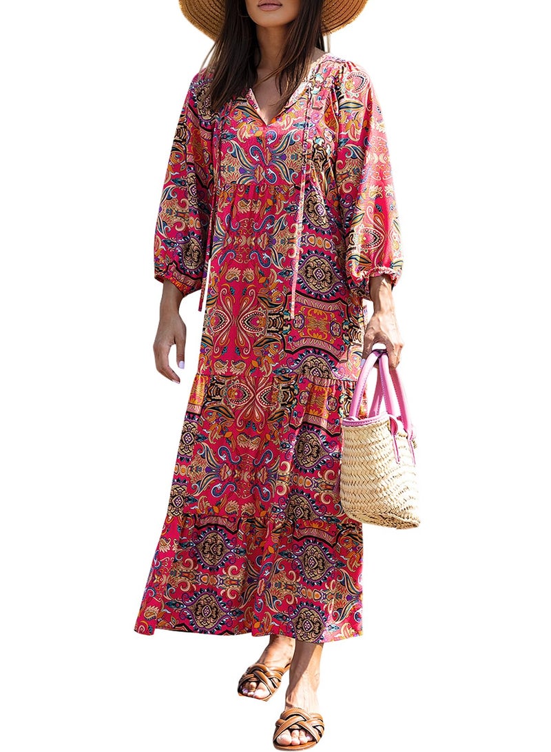 miduo Womens Maxi Dress Short Sleeve V Neck Summer Fashion Floral Beach Bohemian Boho Holiday Long Maxi Dresses M - Image 1