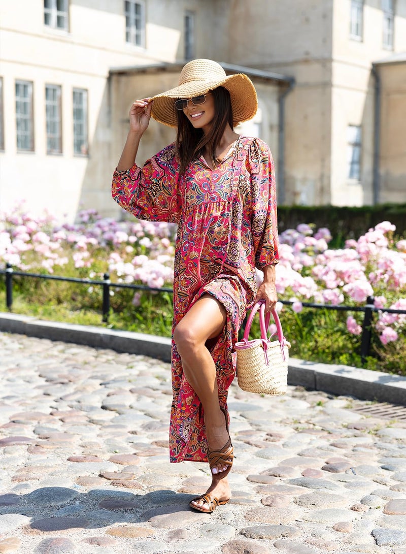 miduo Womens Maxi Dress Short Sleeve V Neck Summer Fashion Floral Beach Bohemian Boho Holiday Long Maxi Dresses M - Image 2