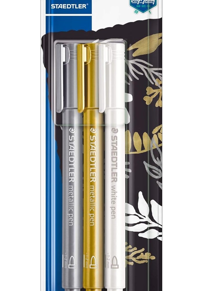 Staedtler 8323-S Pack of 3 Metallic Pens - Gold, Silver, and White - Image 1