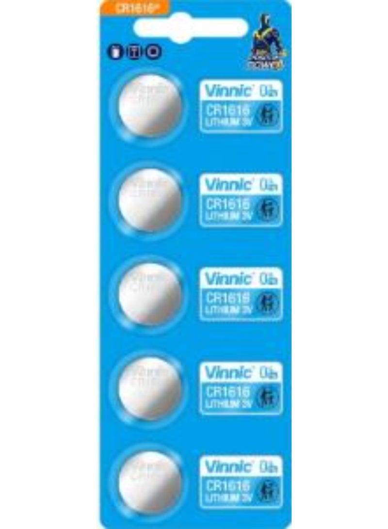5 بطاريات ليثيوم Vinnic CR1616 بجهد 3 فولت (قطب موجب) وخالية من الزئبق (0% Hg)
