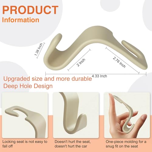 KULOLO Car Seat Hooks & Purse Holder - 4 Pack Boxed,55 lb Heavy Duty,Eco PP Car Hooks for Purse/Bag/Baby Gear/Gym Bag/Groceries/Cup/,Fits 0.32-0.55”Car Headrest Rods (Beige) - Image 2