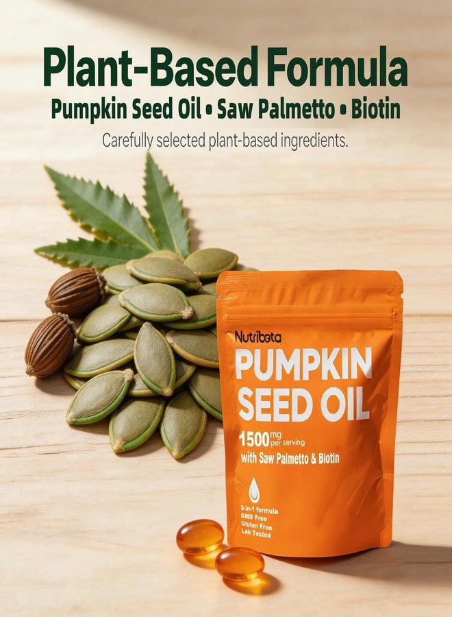 Nutribota Pumpkin Seed Oil Supplement 1500 mg per Serving with Saw Palmetto & Biotin, Advanced 3-in-1 Plant-Based Men’s Wellness & Hair Nutrition Formula, Non-GMO, Gluten Free, Lab Tested Softgels - Image 2