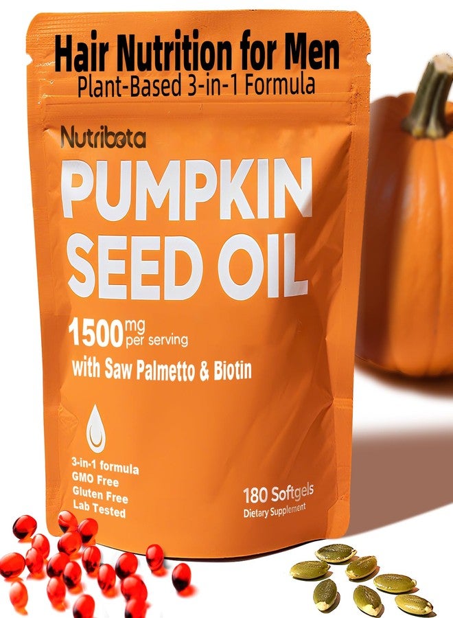 Nutribota Pumpkin Seed Oil Supplement 1500 mg per Serving with Saw Palmetto & Biotin, Advanced 3-in-1 Plant-Based Men’s Wellness & Hair Nutrition Formula, Non-GMO, Gluten Free, Lab Tested Softgels - Image 1