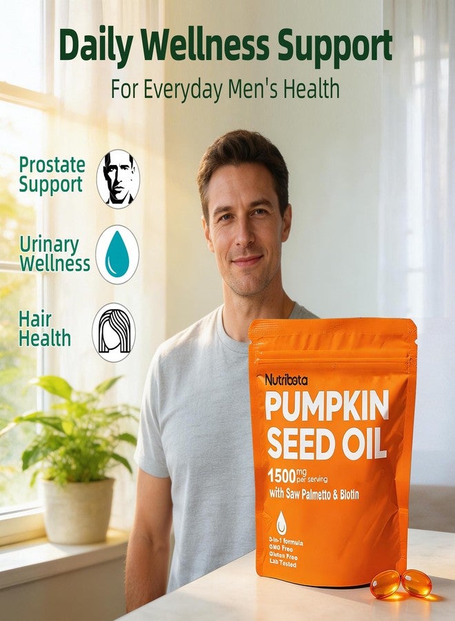 Nutribota Pumpkin Seed Oil Supplement 1500 mg per Serving with Saw Palmetto & Biotin, Advanced 3-in-1 Plant-Based Men’s Wellness & Hair Nutrition Formula, Non-GMO, Gluten Free, Lab Tested Softgels - Image 4