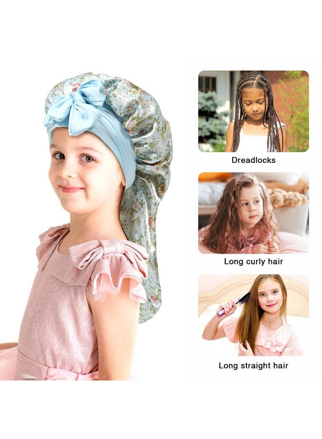 AWAYTR Kids Long Hair Bonnet For Sleeping Double Layer Girls Elastic Satin Bonnet With Tie Band For Braid Curly Hair (Blue Flower+Beige) - Image 4