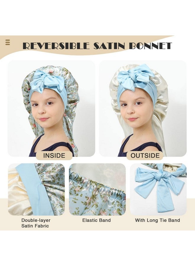 AWAYTR Kids Long Hair Bonnet For Sleeping Double Layer Girls Elastic Satin Bonnet With Tie Band For Braid Curly Hair (Blue Flower+Beige) - Image 3