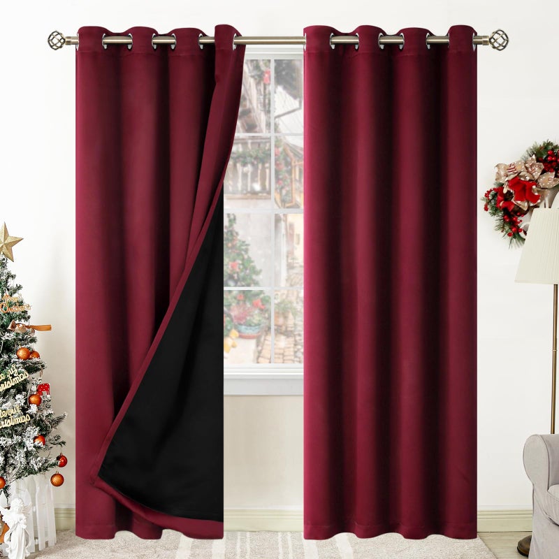 BGment Thermal Insulated 100 Blackout Curtains for Bedroom with Black Liner Double Layer Full Room Darkening Noise Reducing Grommet Curtain 52 x 84 Inch Burgundy Red 2 Panels