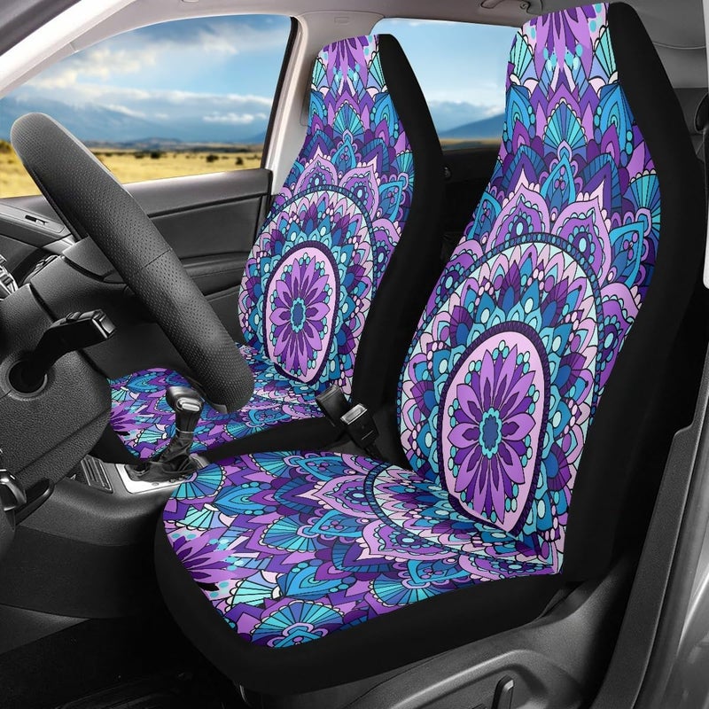 Pehede Car Seat Cover Purple Mandala Flower Pattern Front for Cars, Easy to Install Cover Set, Accessories Auto Trucks Van SUV,2 Packs - Image 2