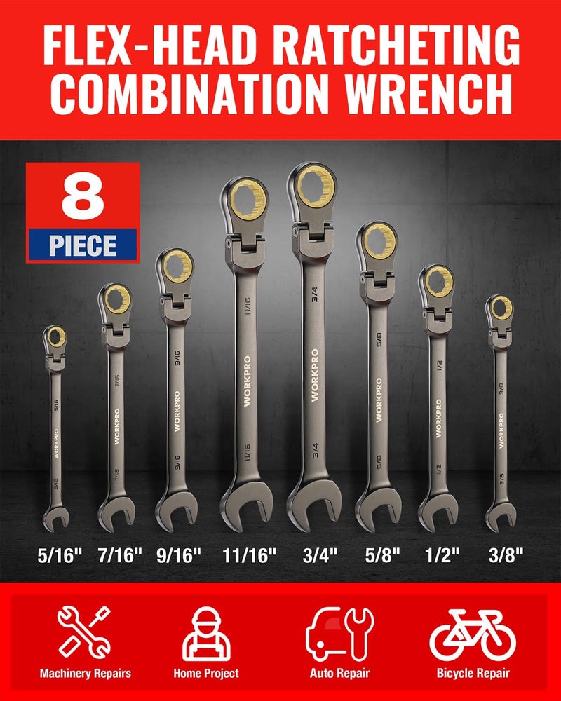 WORKPRO 8-piece Flex-Head Ratcheting Combination Wrench Set, SAE 5/16-3/4 in, 72-Teeth, CR-V Constructed, Nickel Plating with Organizer Bag - Image 2