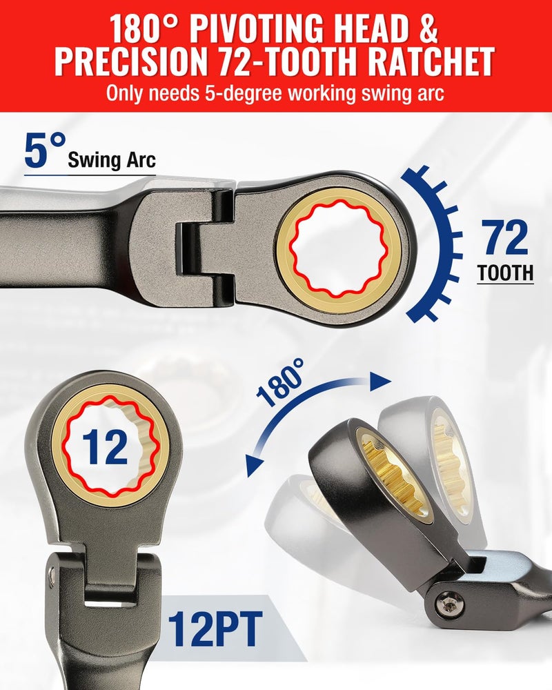 WORKPRO 8-piece Flex-Head Ratcheting Combination Wrench Set, SAE 5/16-3/4 in, 72-Teeth, CR-V Constructed, Nickel Plating with Organizer Bag - Image 3