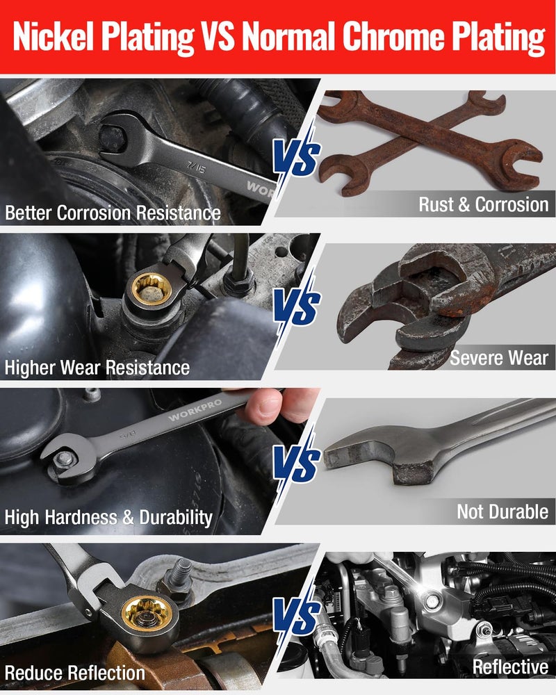 WORKPRO 8-piece Flex-Head Ratcheting Combination Wrench Set, SAE 5/16-3/4 in, 72-Teeth, CR-V Constructed, Nickel Plating with Organizer Bag - Image 4